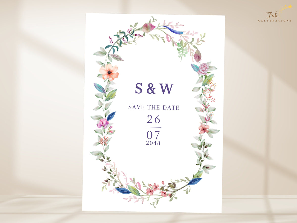 Printable wedding save the date template featuring a watercolor-inspired floral wreath with customizable initials, elegant announcement wording, and editable wedding date.