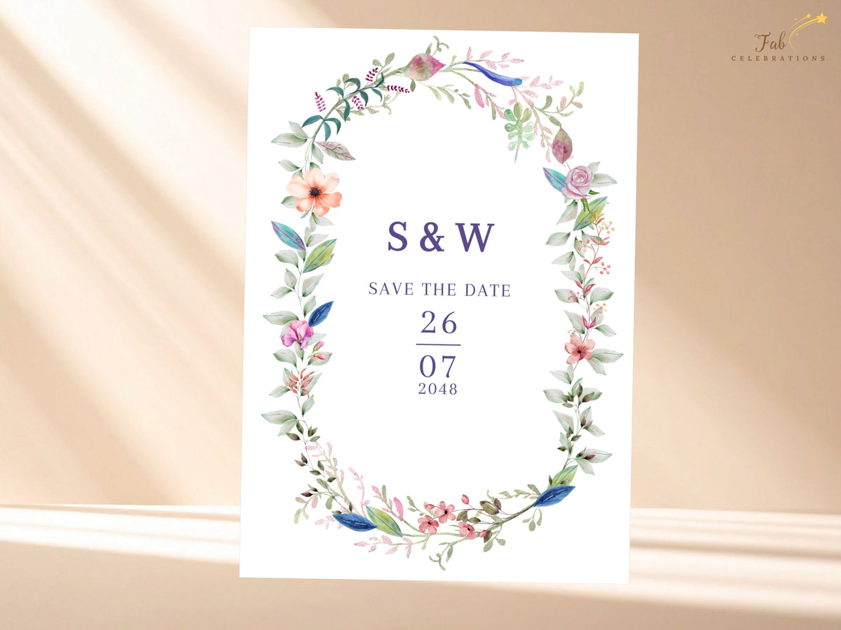 Floral Save the Date Card featuring a watercolor-inspired botanical wreath with colorful blossoms and greenery surrounding elegant initials and an editable wedding date.