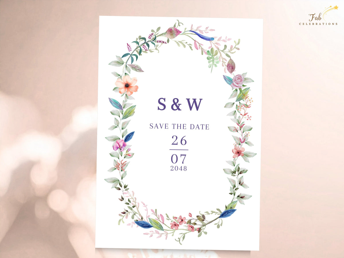 Save the date wedding template framed by a delicate watercolor-inspired wreath of colorful flowers, greenery, and botanical accents with editable couple initials and date.