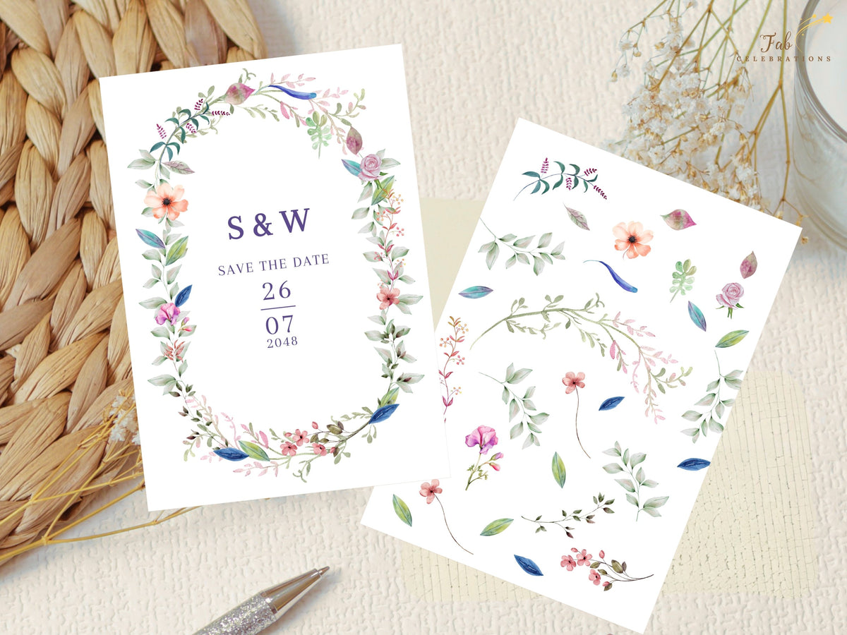 Save the date card displayed beside the coordinated watercolor-inspired floral artwork used in the design, showing the botanical wreath and matching individual flower elements.
