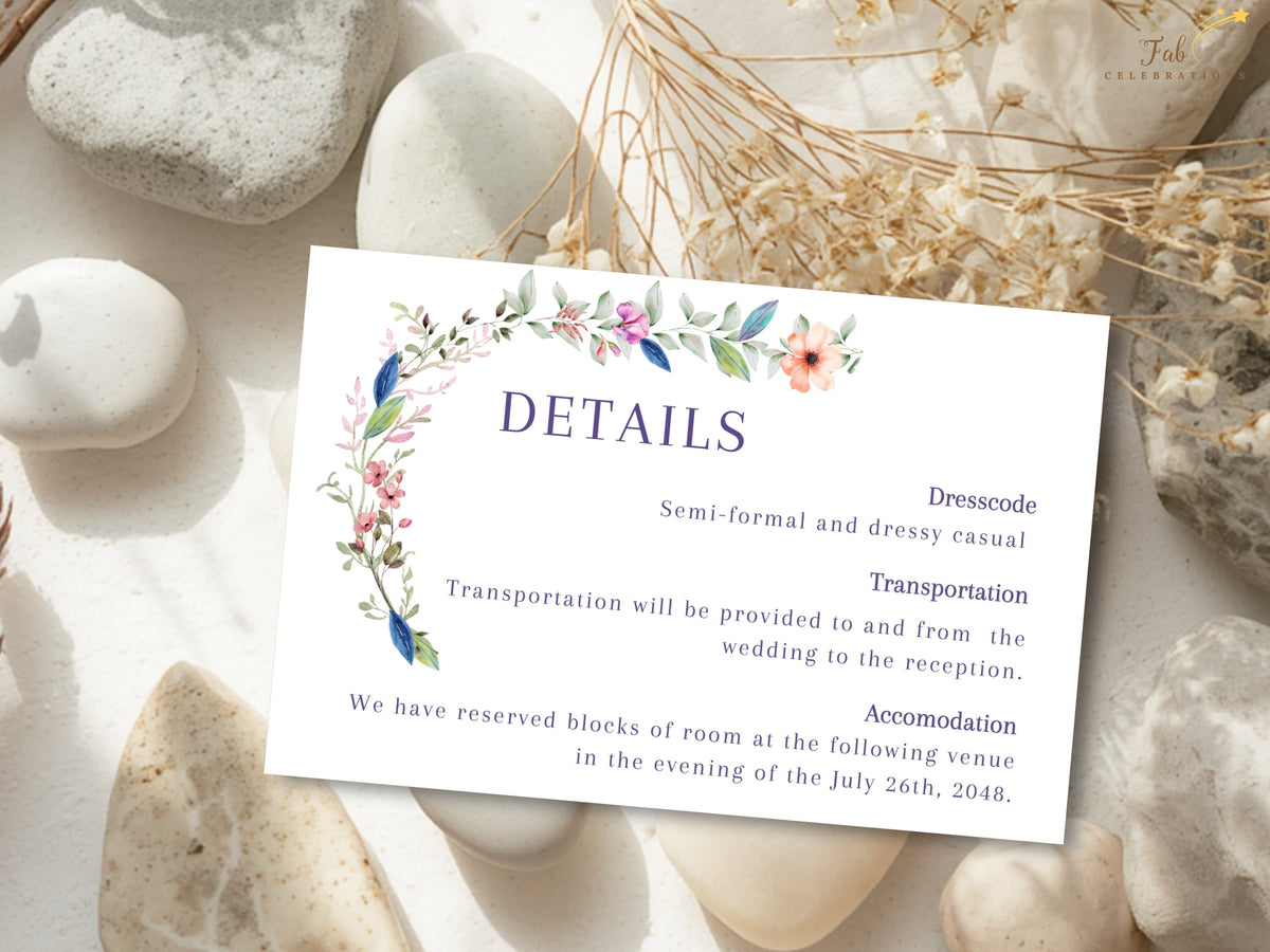 Wedding details card featuring coordinated watercolor-inspired florals and an elegant editable text layout for sharing ceremony, reception, travel, or accommodation information for your wedding day.