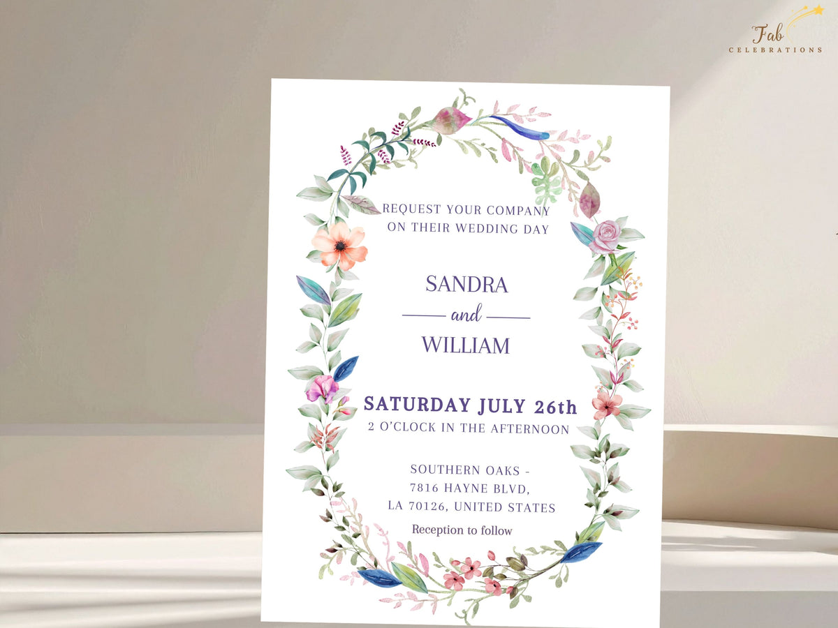 Editable wedding invitation template featuring romantic watercolor-inspired florals and refined typography, designed in Canva for easy personalization of names, date, and wedding details.