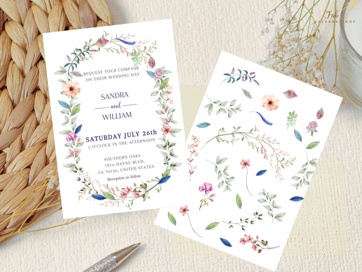Wedding invitation displayed with the floral artwork board used in its design, highlighting the watercolor-inspired flowers and foliage of the Romantic Floral Wreath collection for your wedding day.