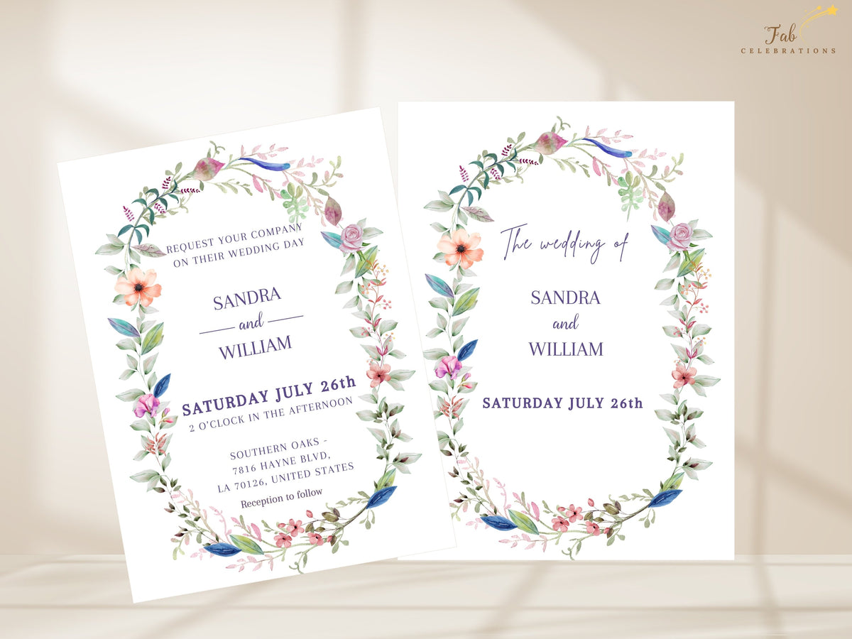 Wedding invitation front paired with its coordinated text back, featuring romantic watercolor-inspired florals and elegant typography for a cohesive two-sided wedding invitation for your wedding day.