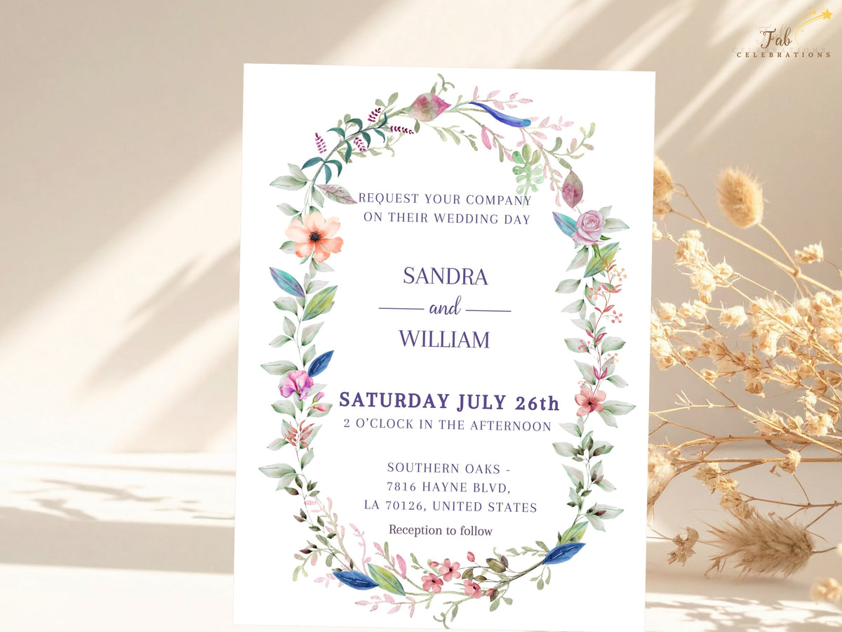Wedding invitation front featuring a romantic watercolor-inspired floral wreath with delicate botanical details and elegant typography, designed as an editable Canva wedding template.