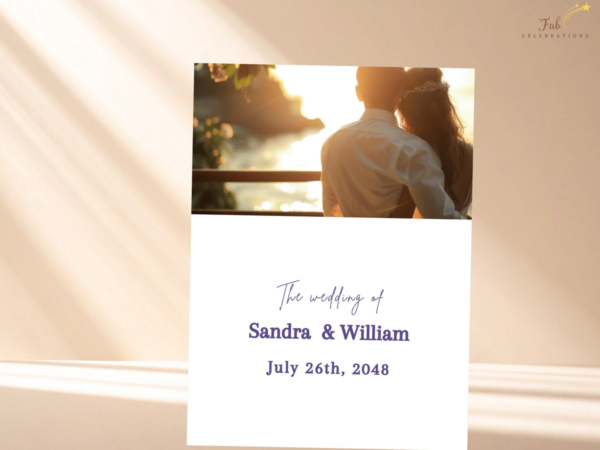 Wedding invitation back with a replaceable photo area and coordinated watercolor-inspired floral details, designed to pair with the Romantic Floral Wreath invitation front for easy editing in Canva.