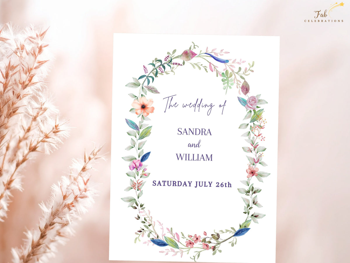 Wedding invitation text back featuring an elegant centered layout with coordinated watercolor-inspired floral details, designed to pair with the Romantic Floral Wreath invitation front.
