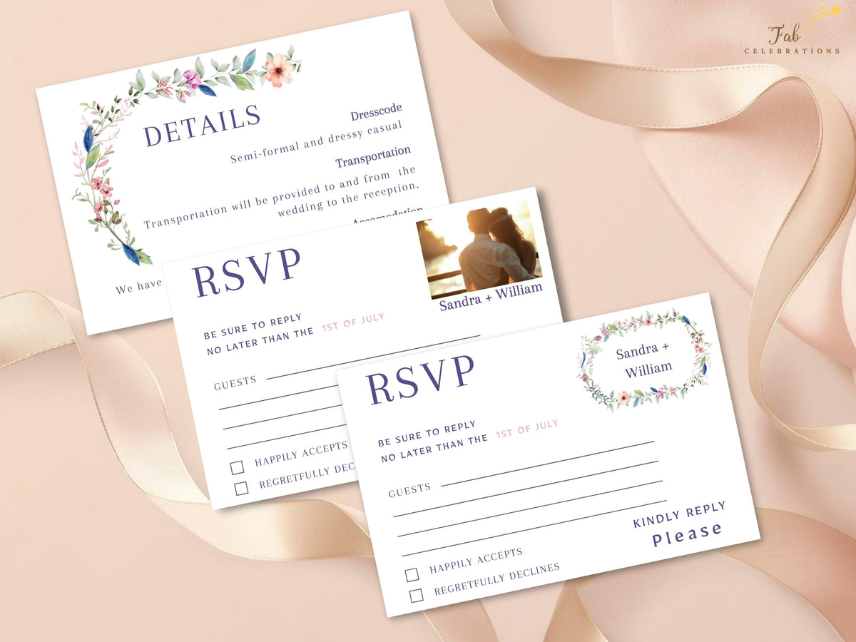 Two coordinated RSVP cards, including one with a photo area, displayed with a matching details card and watercolor-inspired florals from the Romantic Floral Wreath wedding collection.