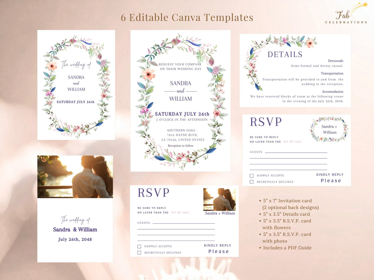 Floral Wedding Invitation Suite shown with text across six coordinated templates: invitation with two back options, two RSVP cards including a photo option, and a matching details card.