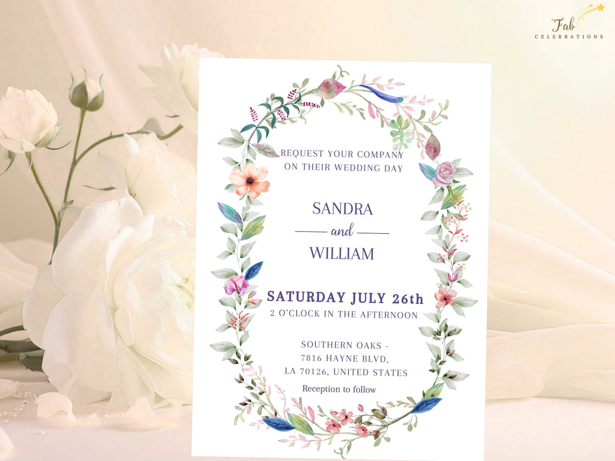 Floral Wedding Invitation Suite invitation card featuring a romantic watercolor-inspired floral wreath, delicate botanical accents, and editable typography for personalized wedding stationery.