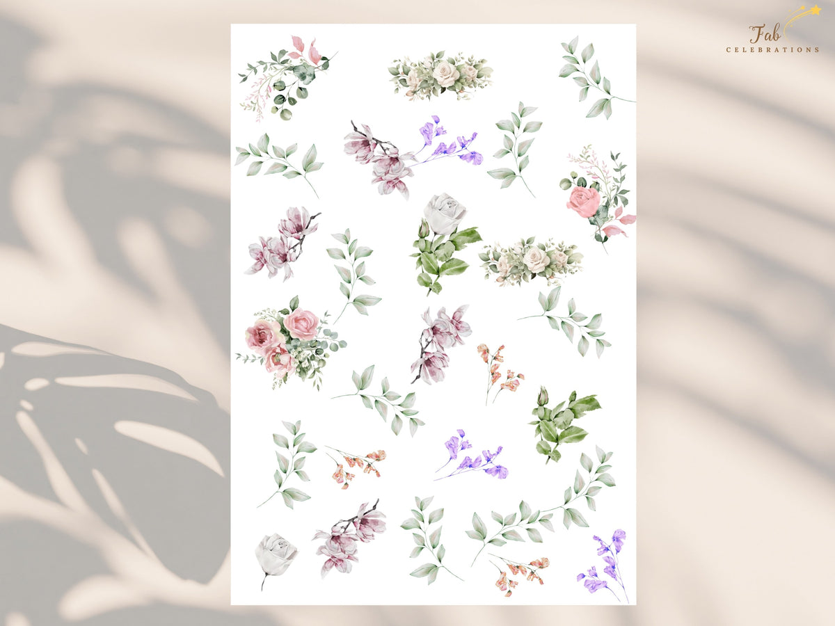 Floral design elements used throughout the wedding stationery collection, featuring watercolor-inspired pink roses, purple blossoms, delicate greenery and graceful botanical sprigs.