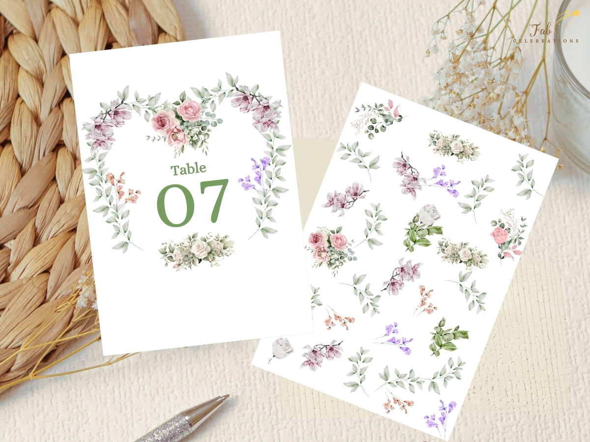 Floral Wedding Template table number card displayed beside the watercolor-inspired floral elements used in the collection, highlighting pink roses, purple blossoms and greenery.