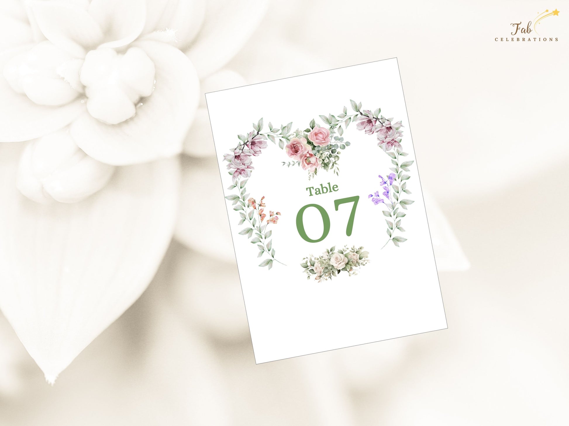 Floral wedding template reception decor idea with floral watercolor table number card, French countryside romance, and elegant typography.