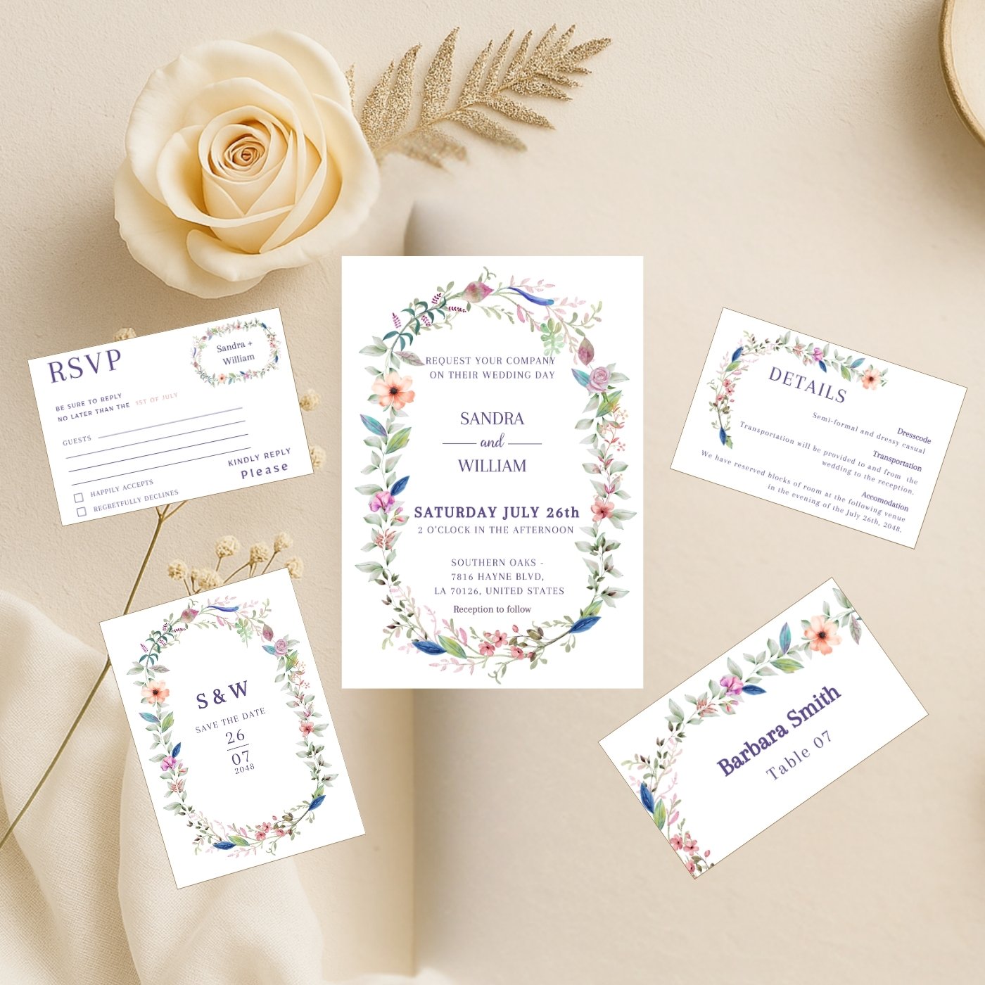 Editable wedding invitation suite with floral wreath, soft romantic greenery and pastel flowers