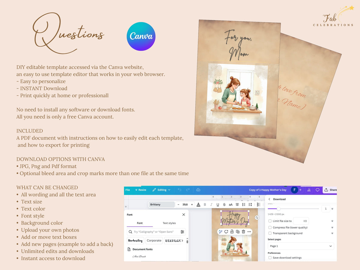 Canva Mother’s Day card template help guide answering common questions about editing text, changing fonts and colors, adding personal messages, downloading files, and printing cards at home.