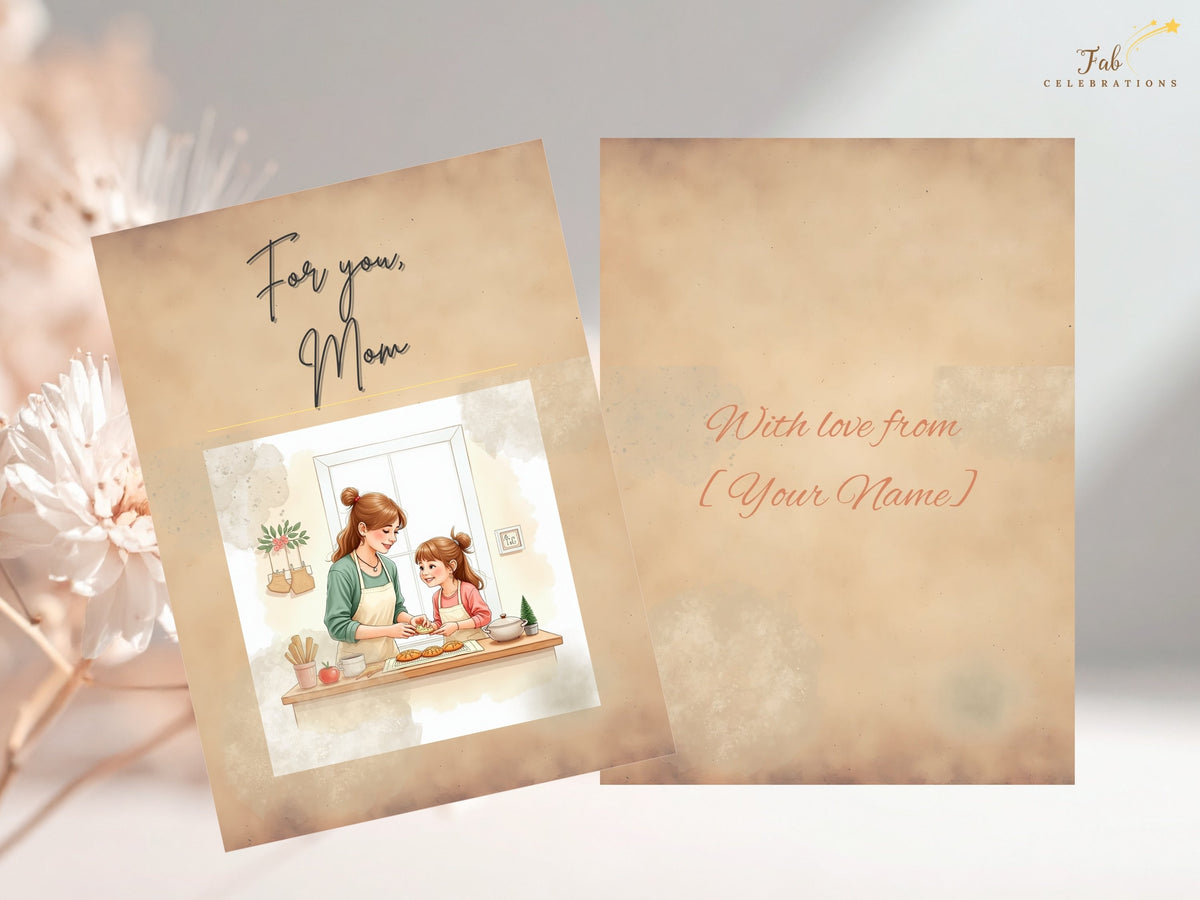 Two-sided Mother’s Day card preview showing the illustrated “For you Mom” front and the coordinating editable back, where you can replace the sample name, add your own signature, or write a special personal dedication in Canva.