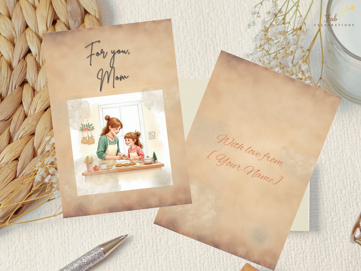 Front and reverse of a personalized Mother’s Day greeting card, showing a tender baking illustration and a coordinating back with editable “With love from [Your Name]” text for a name, handwritten-style signature, or custom message.