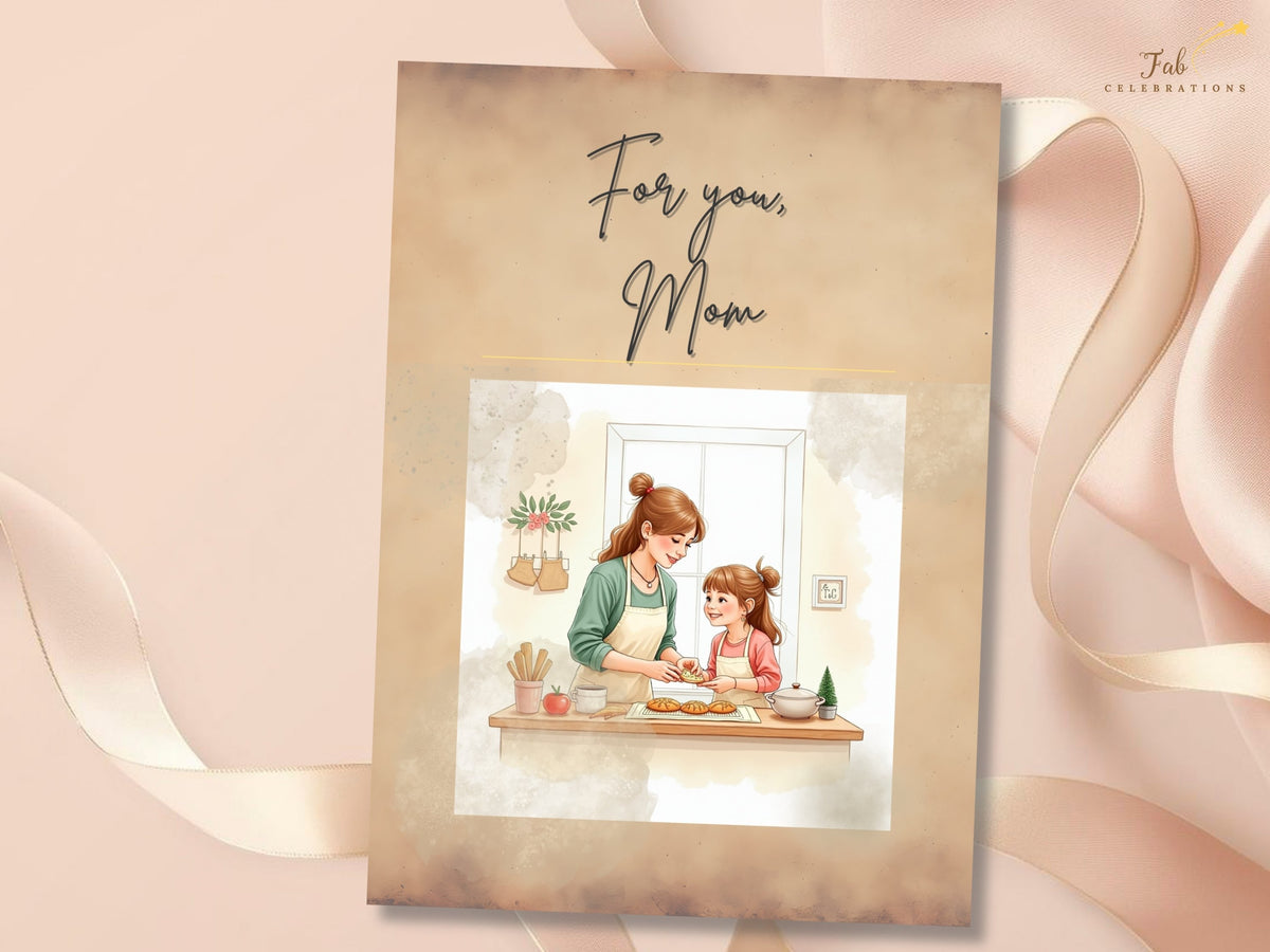 A sentimental Mother’s Day card with a mother and young daughter making baked treats together, expressive smiles, delicate watercolor-inspired illustration, and beautiful script lettering to convey affection and gratitude.