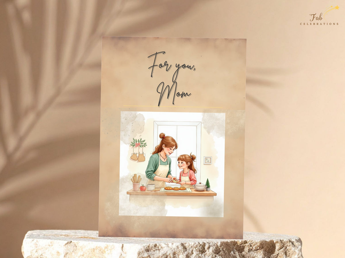 For You Mom card featuring a joyful mother and daughter cooking together, with a charming kitchen illustration, delicate flowers and a soft palette of green, pink and warm beige.