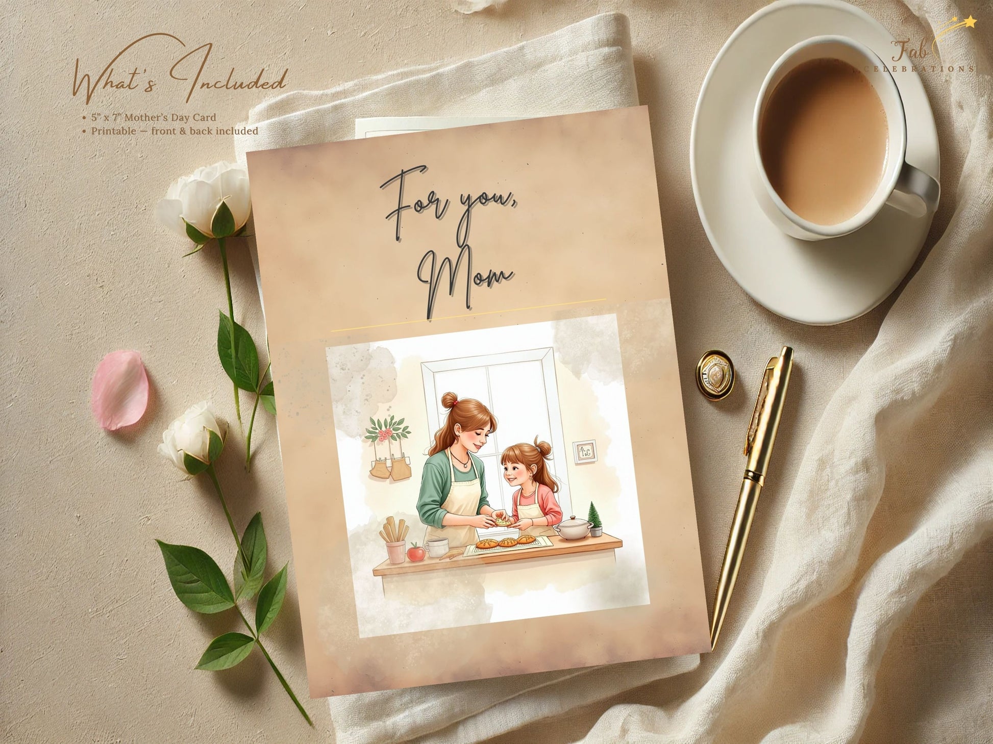 For You Mom Card Printable highlighting a gentle mother and daughter interaction in a cozy baking setting, designed with delicate watercolor-inspired textures and soft neutral elegant tones.
