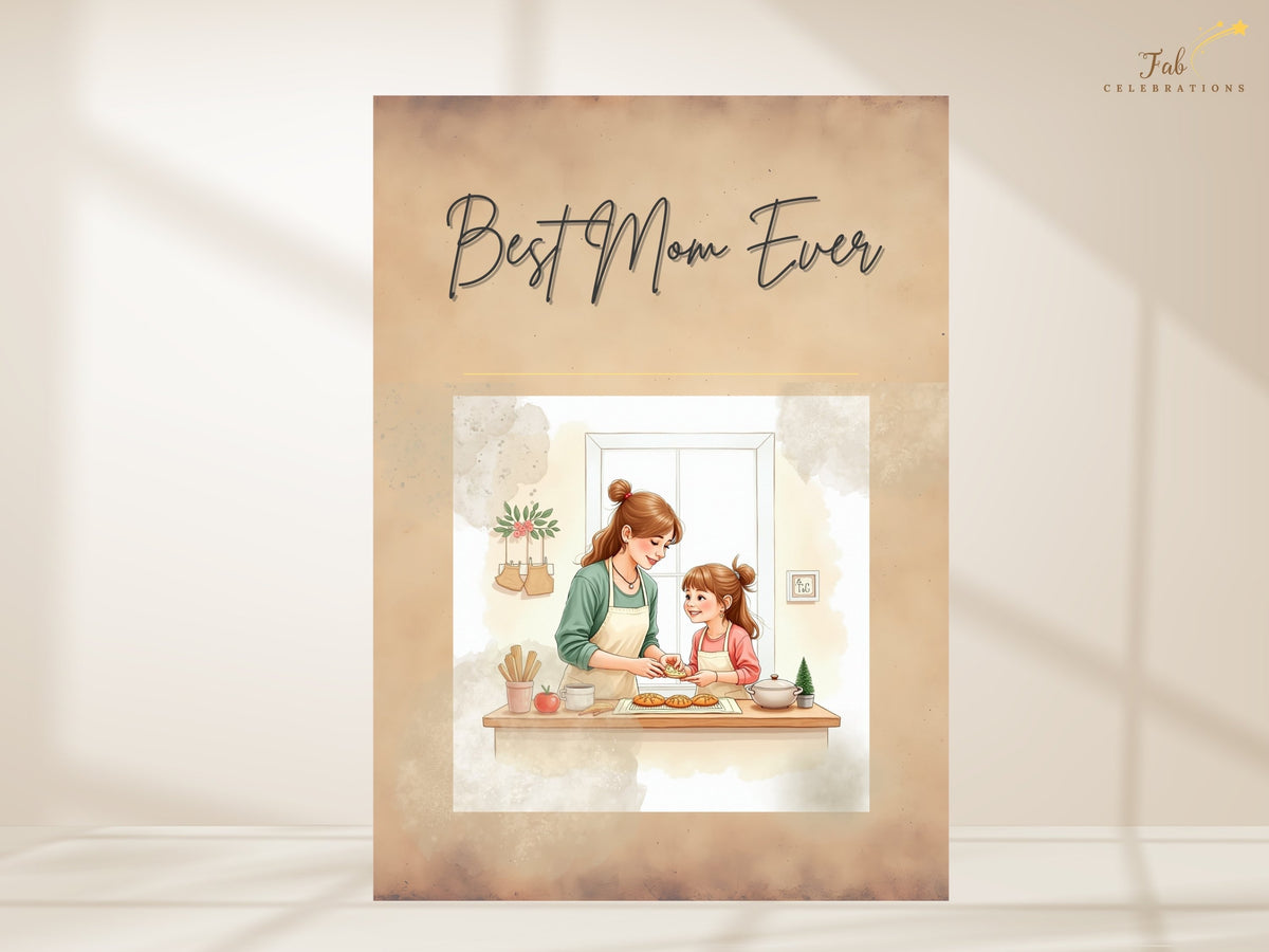 Best Mom Ever printable Mother’s Day card with expressive script lettering and watercolor-inspired mother-and-daughter baking artwork, one of ten coordinated English and French Canva greeting card.