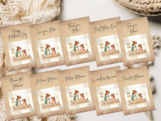 French and English Mother’s Day Card Set featuring ten coordinated printable card designs with heartfelt bilingual messages, tender mother and daughter baking illustrations, and soft watercolor-inspired pastel tones.
