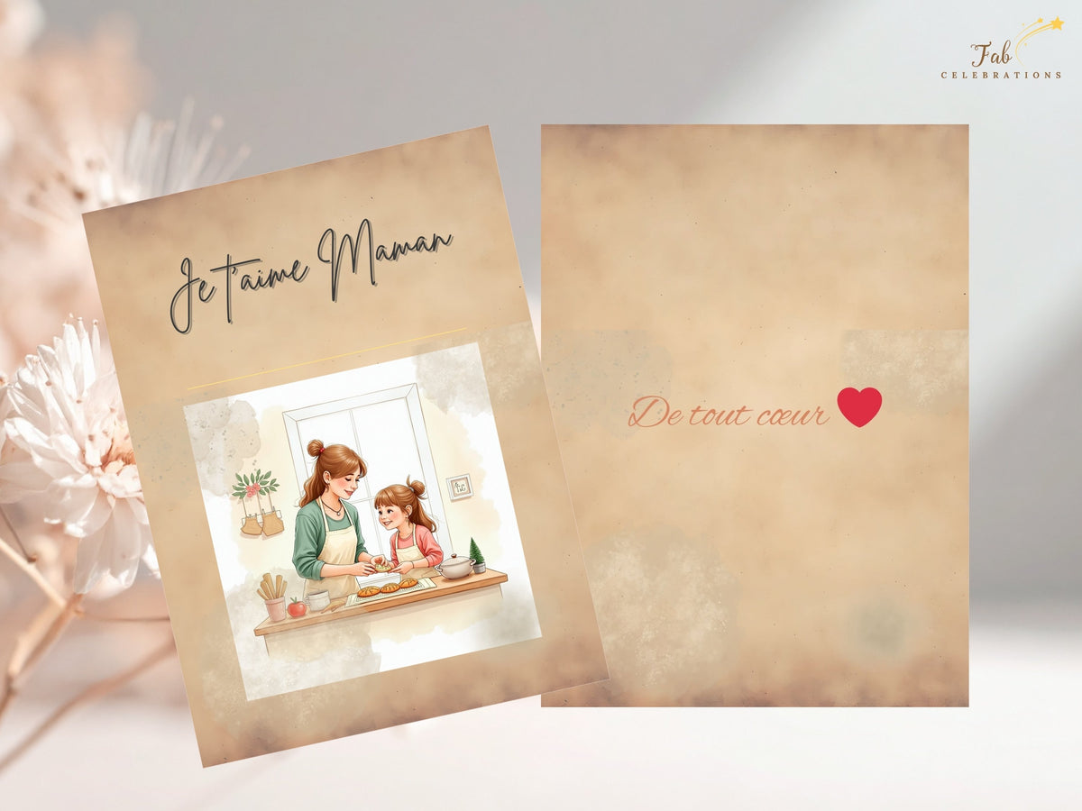 Je t’aime Maman French Mother’s Day card shown with its coordinating back and red heart, featuring watercolor-inspired baking artwork on the front and an editable reverse for a name or signature.