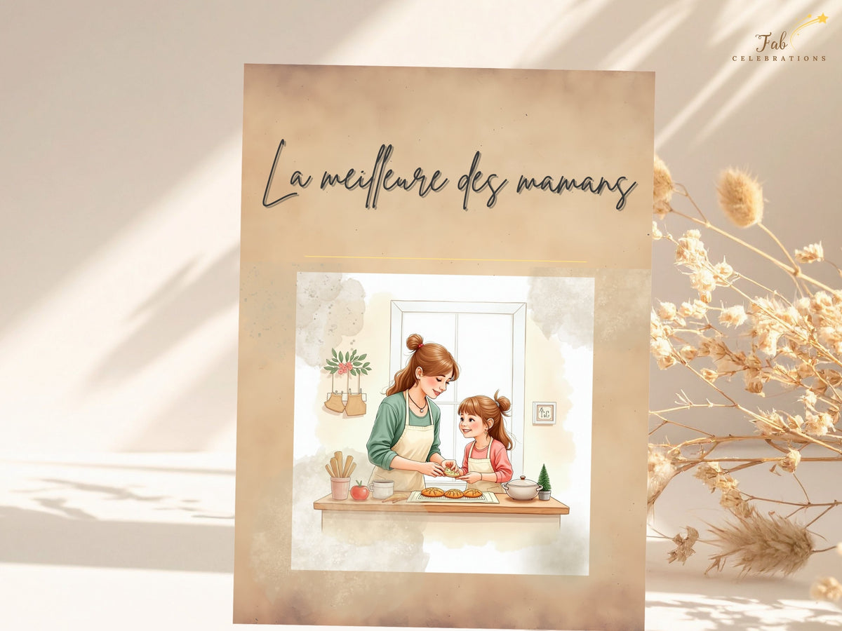 La meilleure des mamans French greeting card featuring watercolor-inspired artwork of a mother and daughter baking together, with warm neutral tones and elegant lettering for a heartfelt Mother’s.