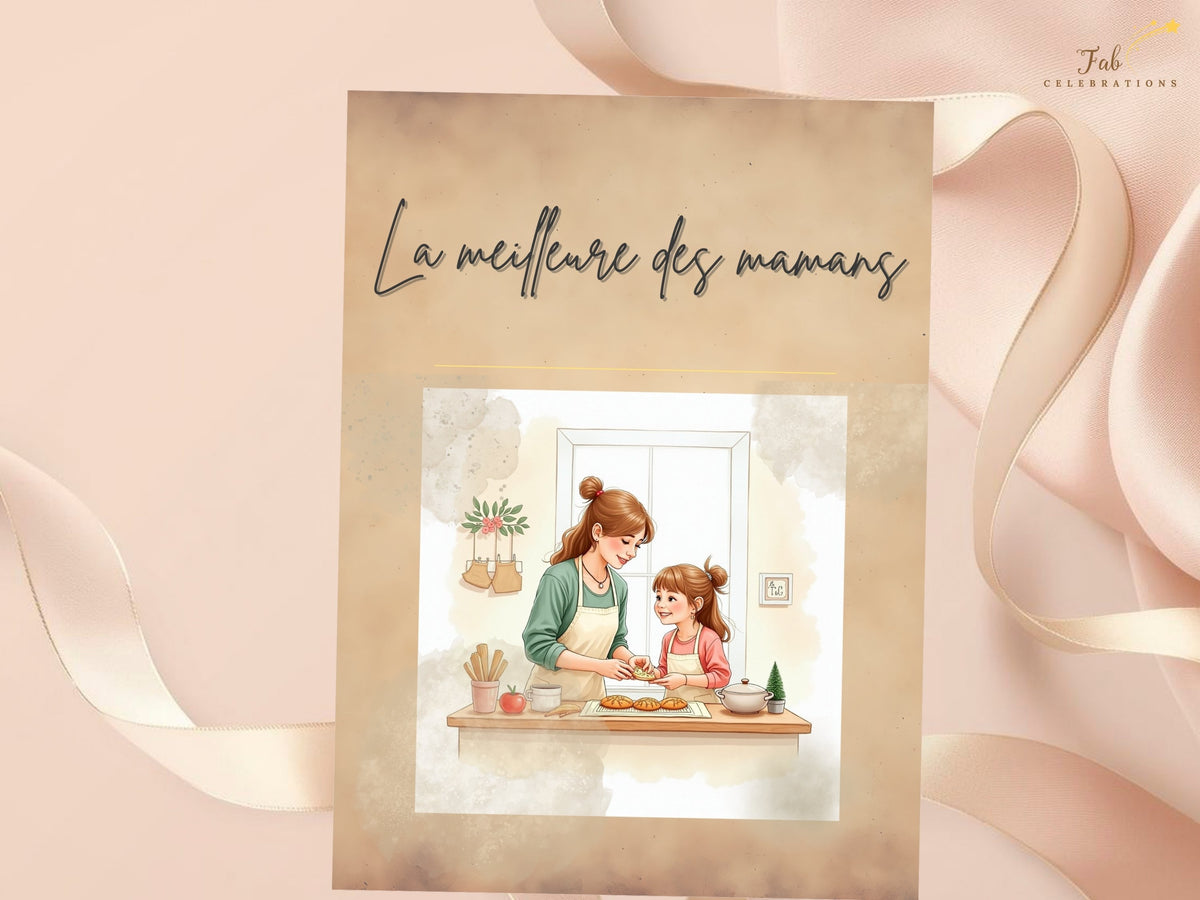 La meilleure des mamans French printable greeting card with graceful lettering and watercolor-inspired artwork of a mother and daughter baking together, with an editable coordinating back included.