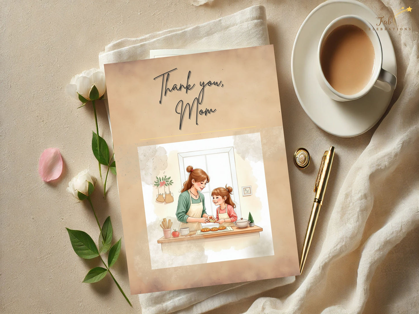 French and English Mother’s Day Card Set presented as ten elegant printable greeting cards featuring coordinated mother and daughter baking illustrations with refined watercolor-inspired styling.
