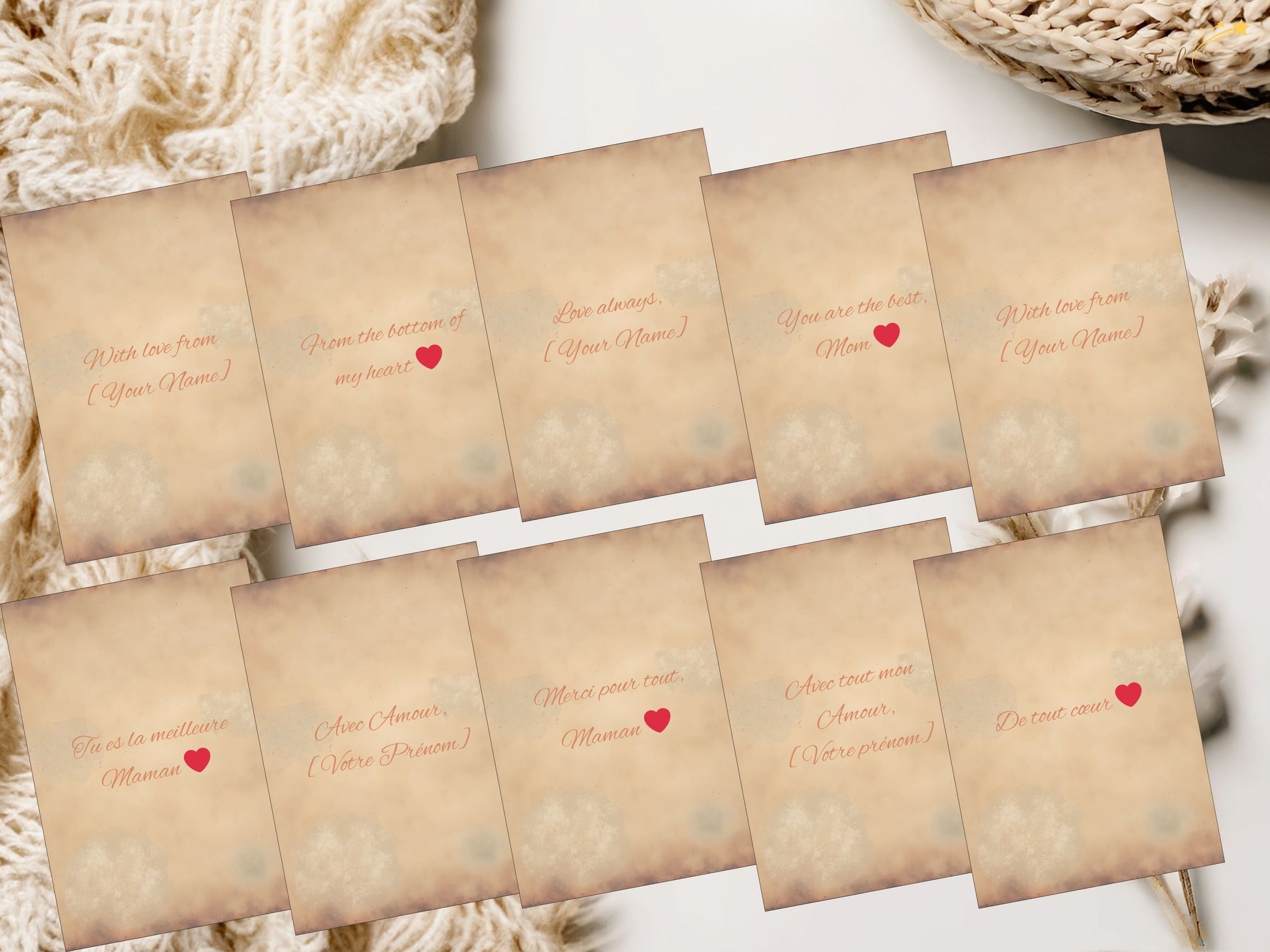 French and English Mother’s Day Card Set editable Canva template preview demonstrating easy customization of text and layouts across ten printable greeting card designs with refined elegance.