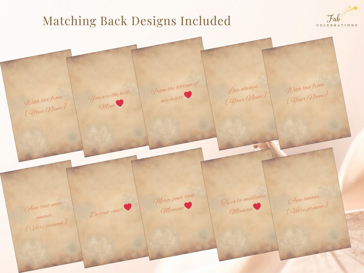 Ten matching back designs included with the French and English Mother’s Day card set, featuring affectionate messages and small red hearts; each editable reverse allows a personal note, name, or.