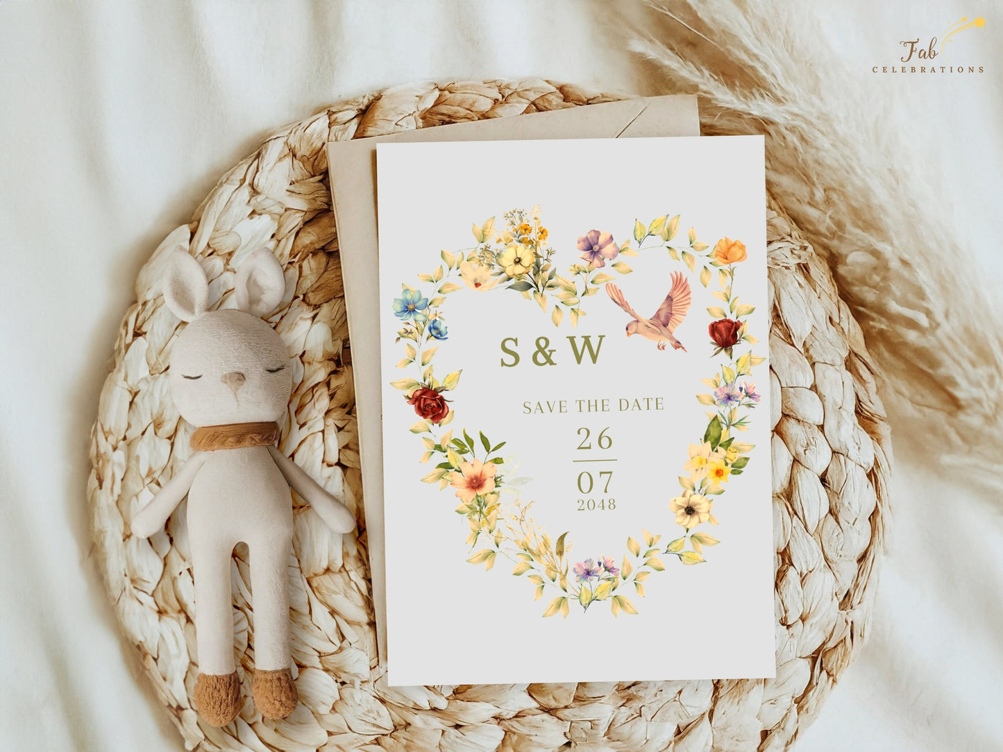 Romantic Save the Date Card designed in Canva with a floral heart wreath, elegant typography and watercolor-inspired botanical artwork for beautifully coordinated wedding stationery.