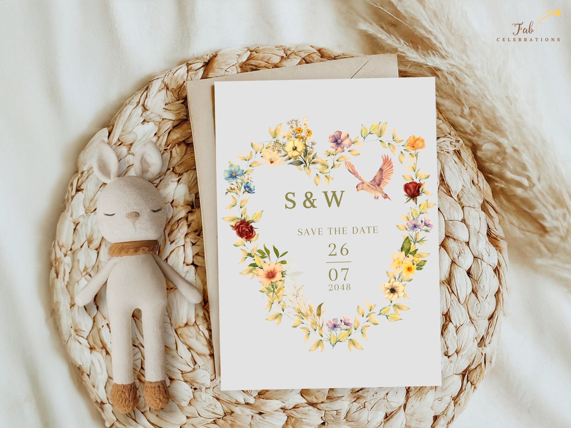 Romantic Save the Date Card designed in Canva with a floral heart wreath, elegant typography and watercolor-inspired botanical artwork for beautifully coordinated wedding stationery.