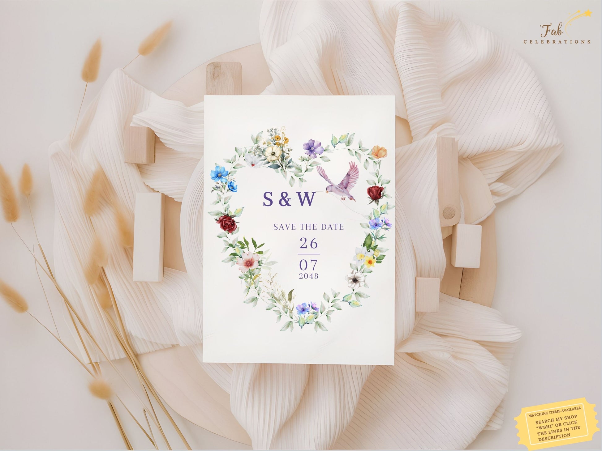 French countryside wedding save the date card template featuring watercolor floral wreath in lavender, crimson and ivory with pink dove motif, editable in Canva for rustic ceremonies.