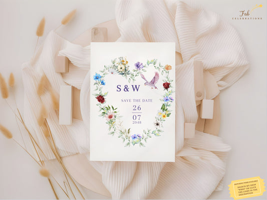 French countryside wedding save the date card template featuring watercolor floral wreath in lavender, crimson and ivory with pink dove motif, editable in Canva for rustic ceremonies.