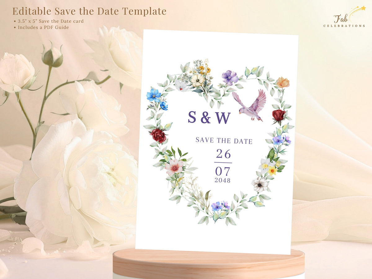 French Countryside Wedding editable save the date template featuring a watercolor-inspired floral heart, delicate greenery and a dove surrounding the couple's initials, date and announcement.