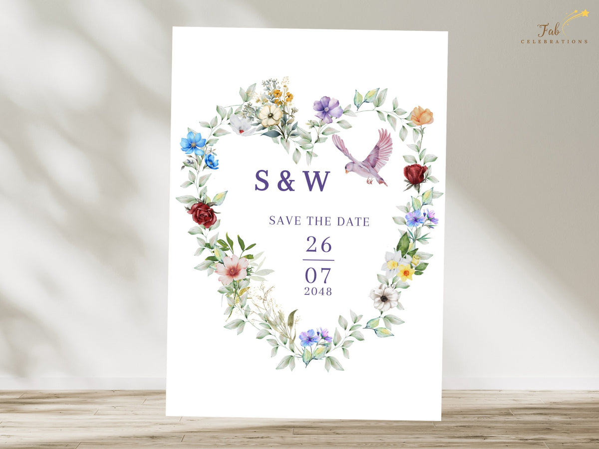 Elegant floral save the date card featuring a watercolor-inspired heart of colorful blossoms and soft greenery with a graceful dove surrounding the couple's initials and wedding date.