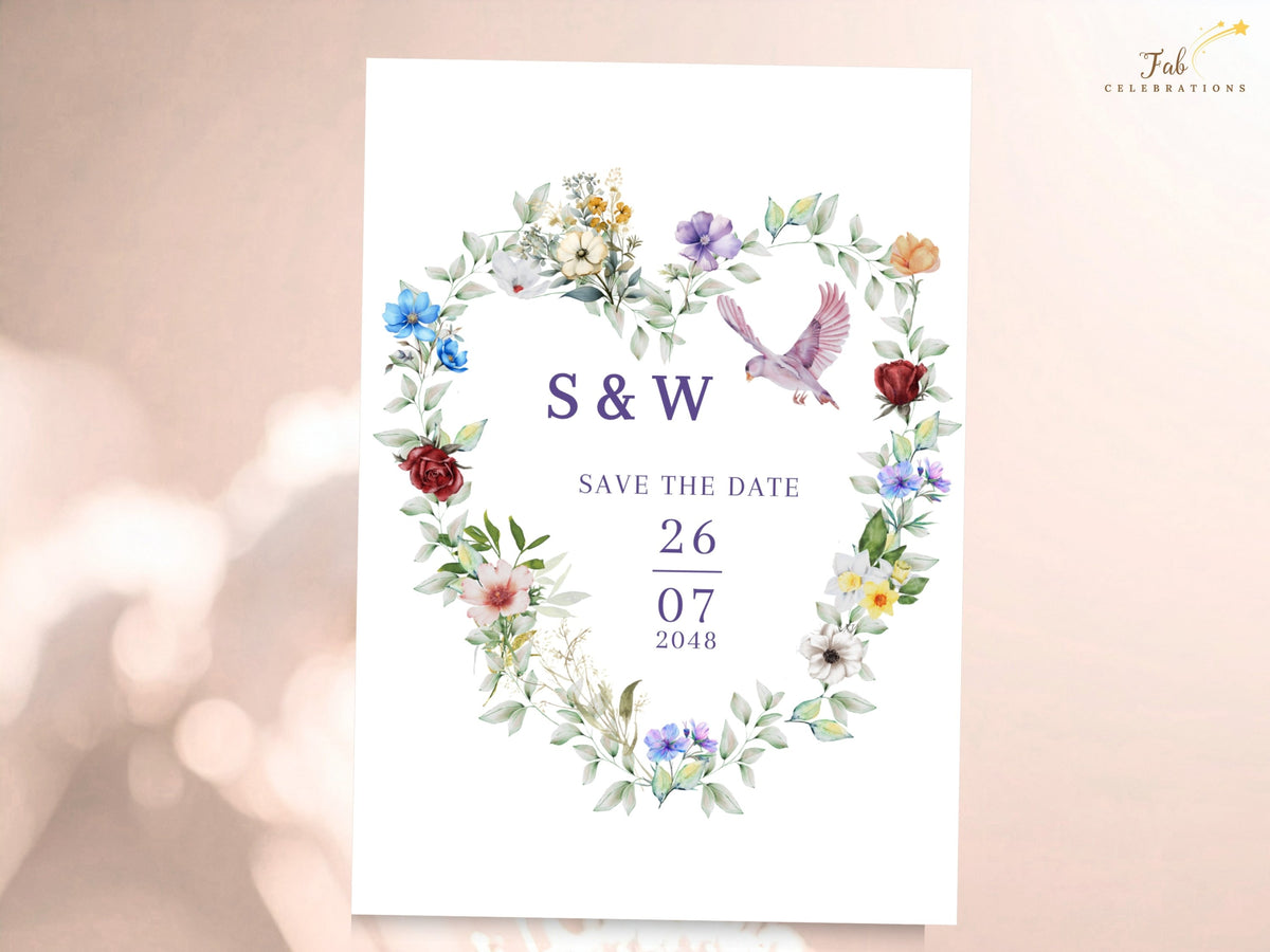 Save the date card featuring a romantic watercolor-inspired floral heart with multicolored blossoms, soft greenery and a flying dove framing the couple's initials and wedding date.