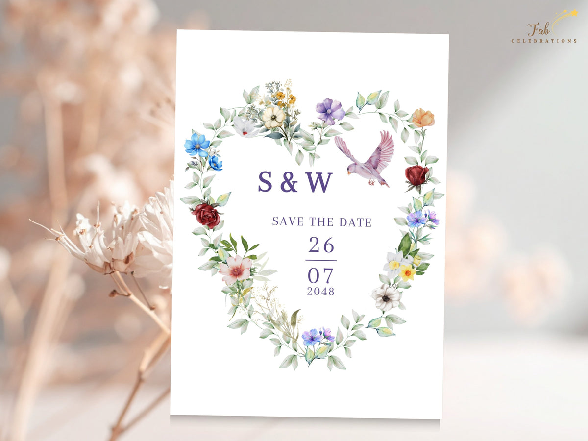French Countryside Wedding floral save the date card featuring a romantic heart-shaped arrangement of colorful flowers and greenery with a graceful dove, initials and wedding date.