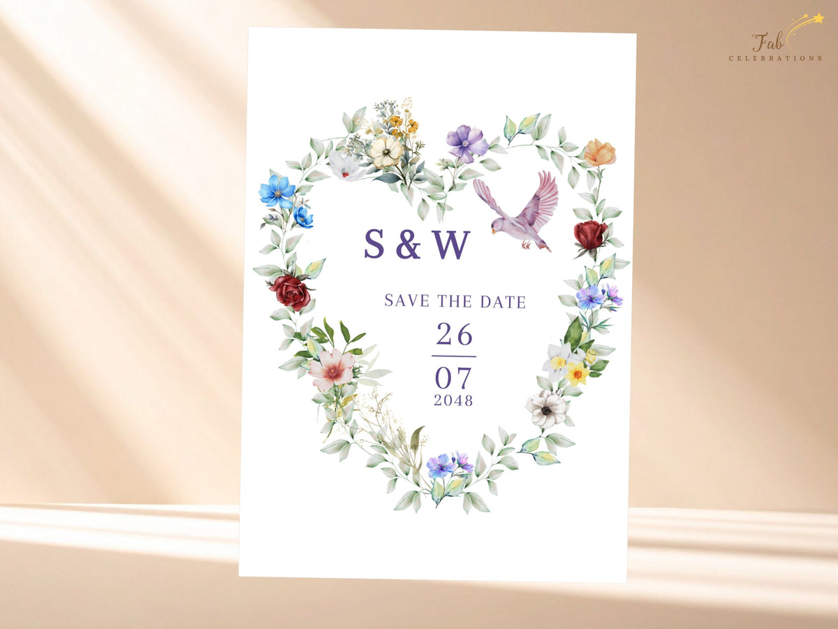 Floral wedding announcement card featuring a watercolor-inspired heart of colorful flowers, soft leafy greenery and a graceful dove surrounding the couple's initials and wedding date.