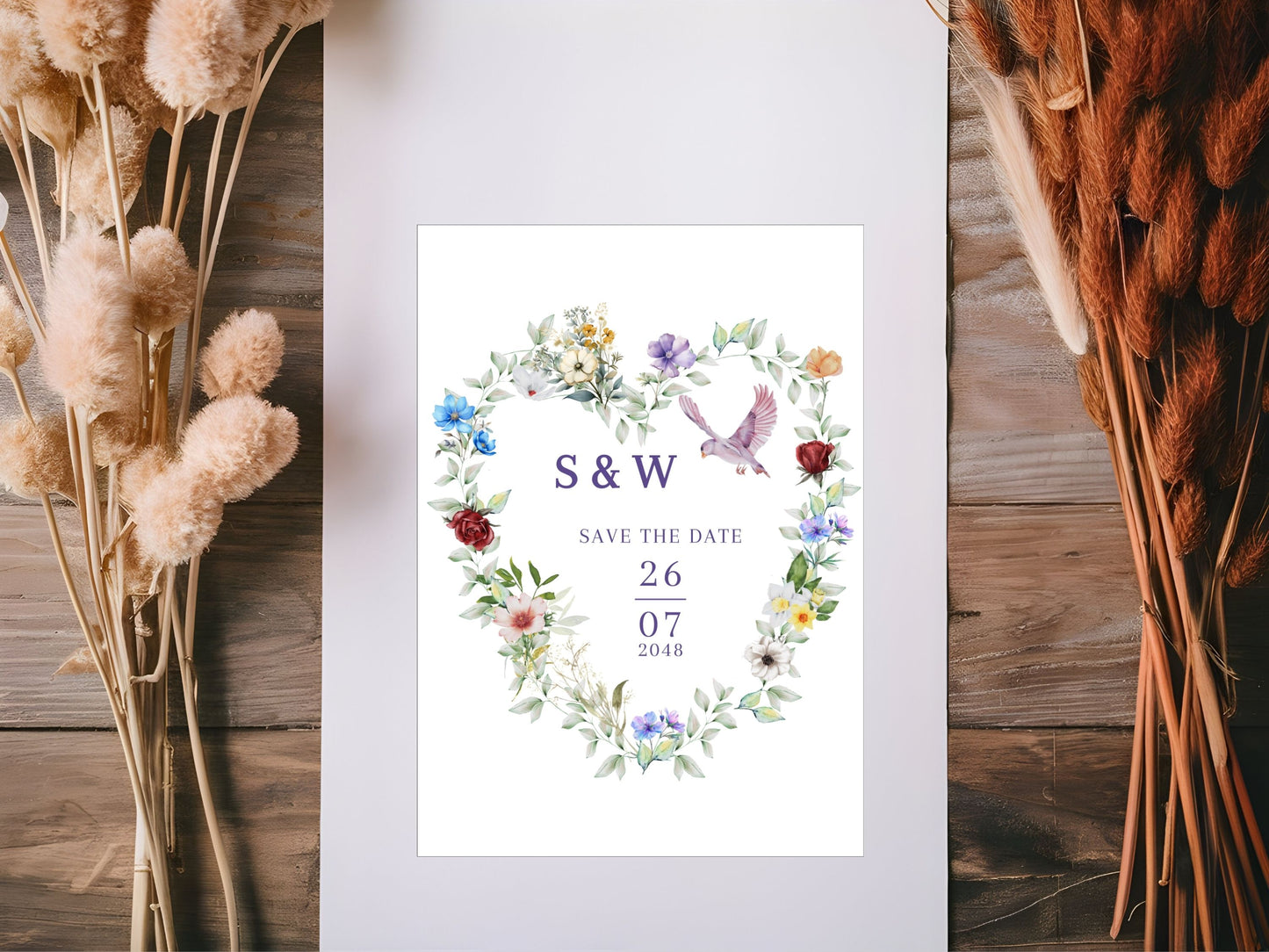 French countryside wedding editable Canva template showing customizable text, fonts and colors, designed for DIY brides seeking rustic elegance in their save the date cards.