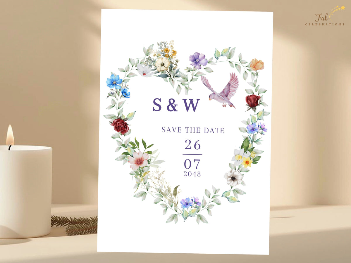 Wedding save the date card featuring a romantic watercolor-inspired garden heart of colorful blossoms and delicate greenery with a flying dove, initials and wedding date.