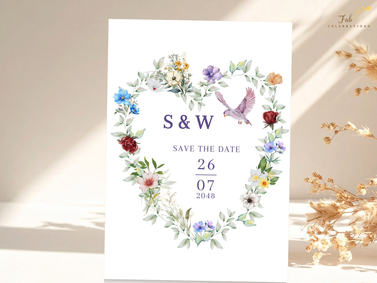 Save the date template featuring a watercolor-inspired heart-shaped floral arrangement with colorful blossoms, soft greenery and a graceful dove around the couple's initials and wedding date.