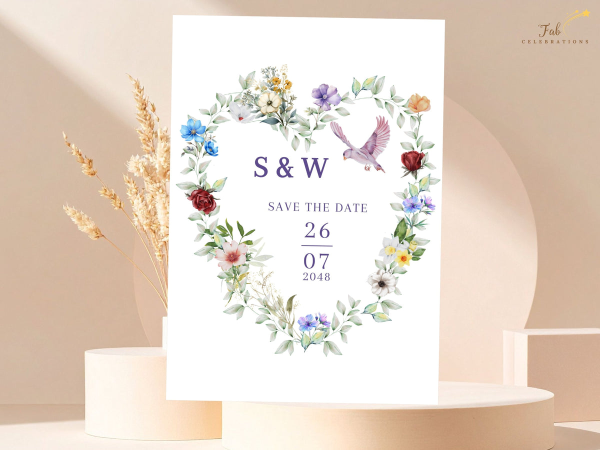 Wedding save the date card featuring a watercolor-inspired heart of colorful blossoms and leafy greenery with a graceful dove surrounding the couple's initials and wedding date.