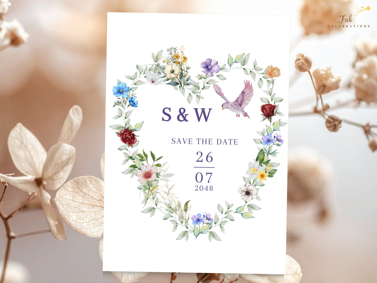 Romantic wedding announcement featuring a watercolor-inspired floral heart with delicate multicolored blossoms, leafy greenery and a dove framing elegant initials and the wedding date.