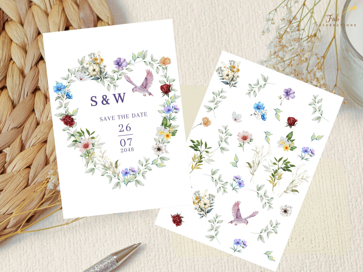 French Countryside Wedding save the date displayed beside the watercolor-inspired floral elements used in the collection, including colorful blossoms, leafy greenery and a graceful dove.