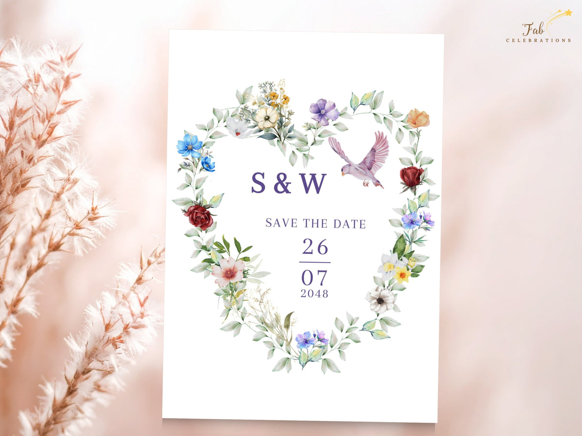 Save the date card featuring a watercolor-inspired floral heart of delicate multicolored blossoms and greenery with a dove, elegant initials and clearly displayed wedding date.