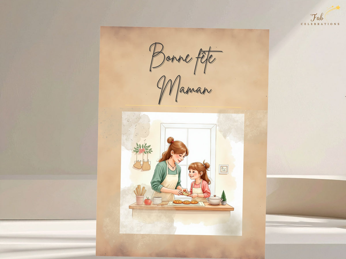 Bonne fête Maman printable French card showing graceful handwritten-style text above watercolor-inspired mother-and-daughter baking artwork, suitable for a heartfelt Mother’s Day greeting.