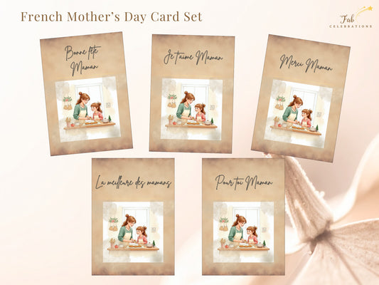 French Mother’s Day Card Set showing five French-language greeting card fronts with tender messages, featuring watercolor-inspired artwork of a mother and daughter baking together in a cozy kitchen.